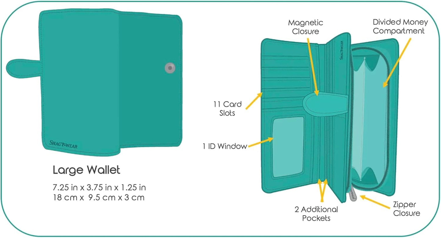 HOTShag Wear Sea Turtle Large Wallet Vegan Faux Leather Ocean Design Clutch with Card Slots Bill Compartments ID Window Zippered Coin Pocket 7" Blue