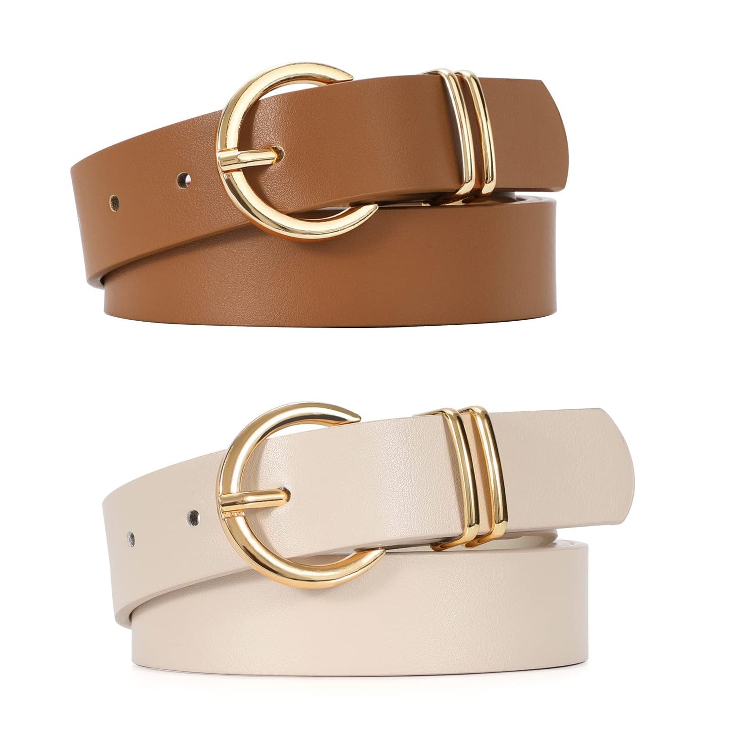 HOTVONMELLI 2 Pack Women's Leather Belts for Jeans Dresses Fashion Gold Buckle Ladies Belt