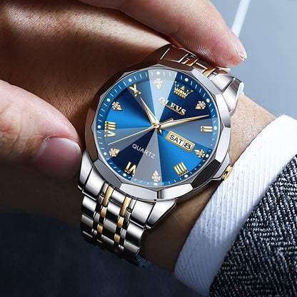 HOTOLEVS Watch for Men Diamond Business Dress Analog Quartz Stainless Steel Waterproof Luminous Date Two Tone Luxury Casual Wrist Watch Blue