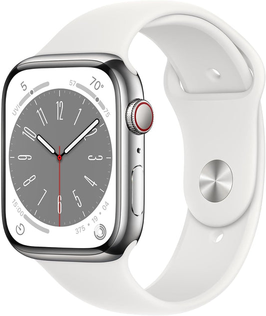 HOTApple Watch Series 8 (GPS + Cellular, 41mm) - Silver Stainless Steel Case with White Sport Band M/L (Renewed)