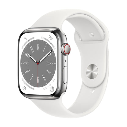 HOTApple Watch Series 8 (GPS + Cellular, 41mm) - Silver Stainless Steel Case with White Sport Band M/L (Renewed)