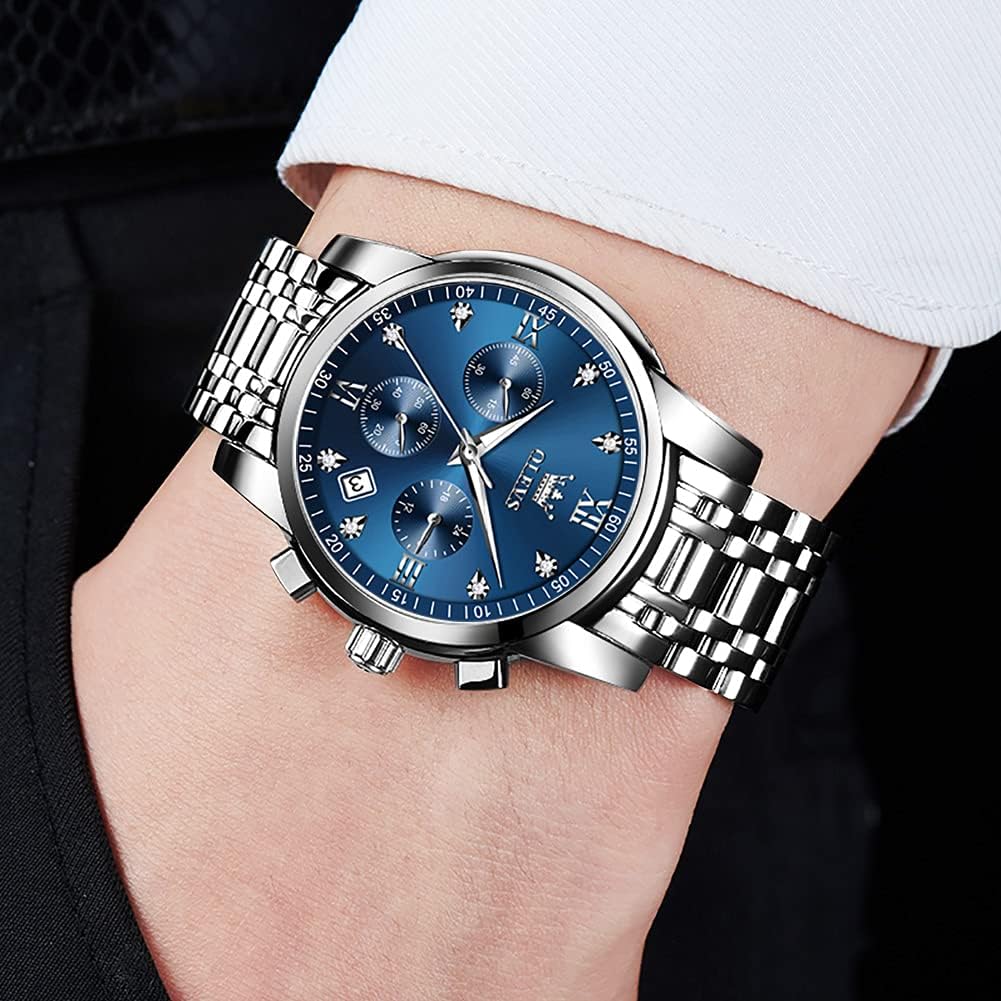 HOTOLEVS Watches for Men with Date Luxury Big Face Waterproof Mens Wristwatch Analog Dress Two Tone Stainless Steel Man Watch Luminous Relojes De Hombre Calendar(Green/Blue/Black Dial