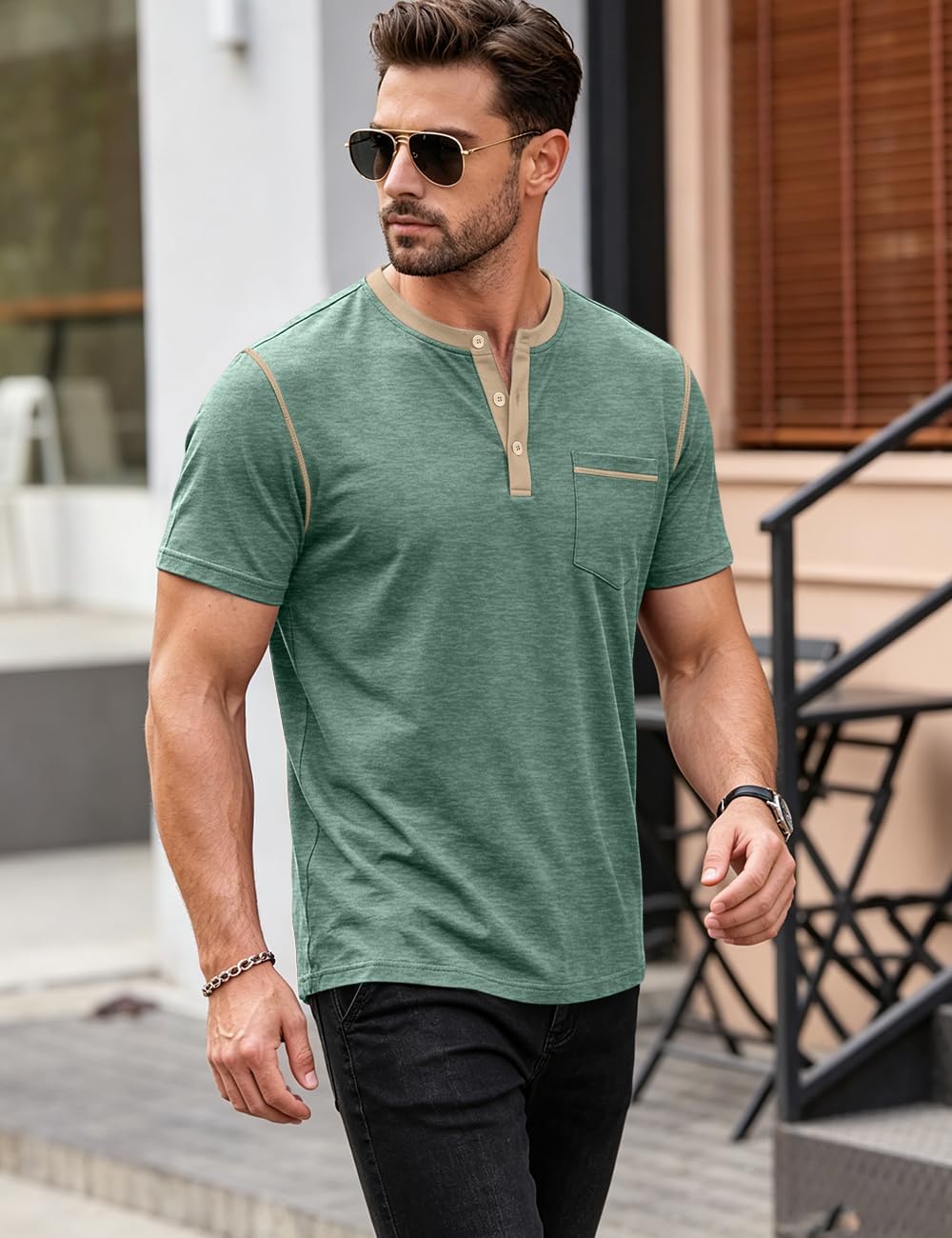 HOTMen's Henley Shirt Casual Button Short Sleeve T-Shirt Summer Patchwork Color Block Tee Shirts