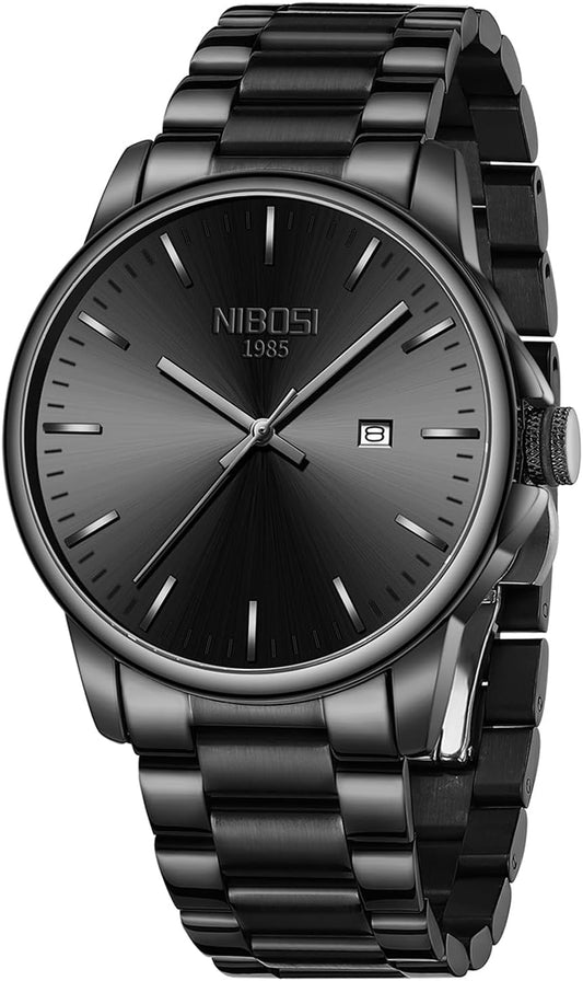 HOTNIBOSI Men Watches Analog Quartz Stainless Steel Black Watches for Men Waterproof Business Classic Watch with Day and Date Display Wrist Watch for Work and Casual Wear