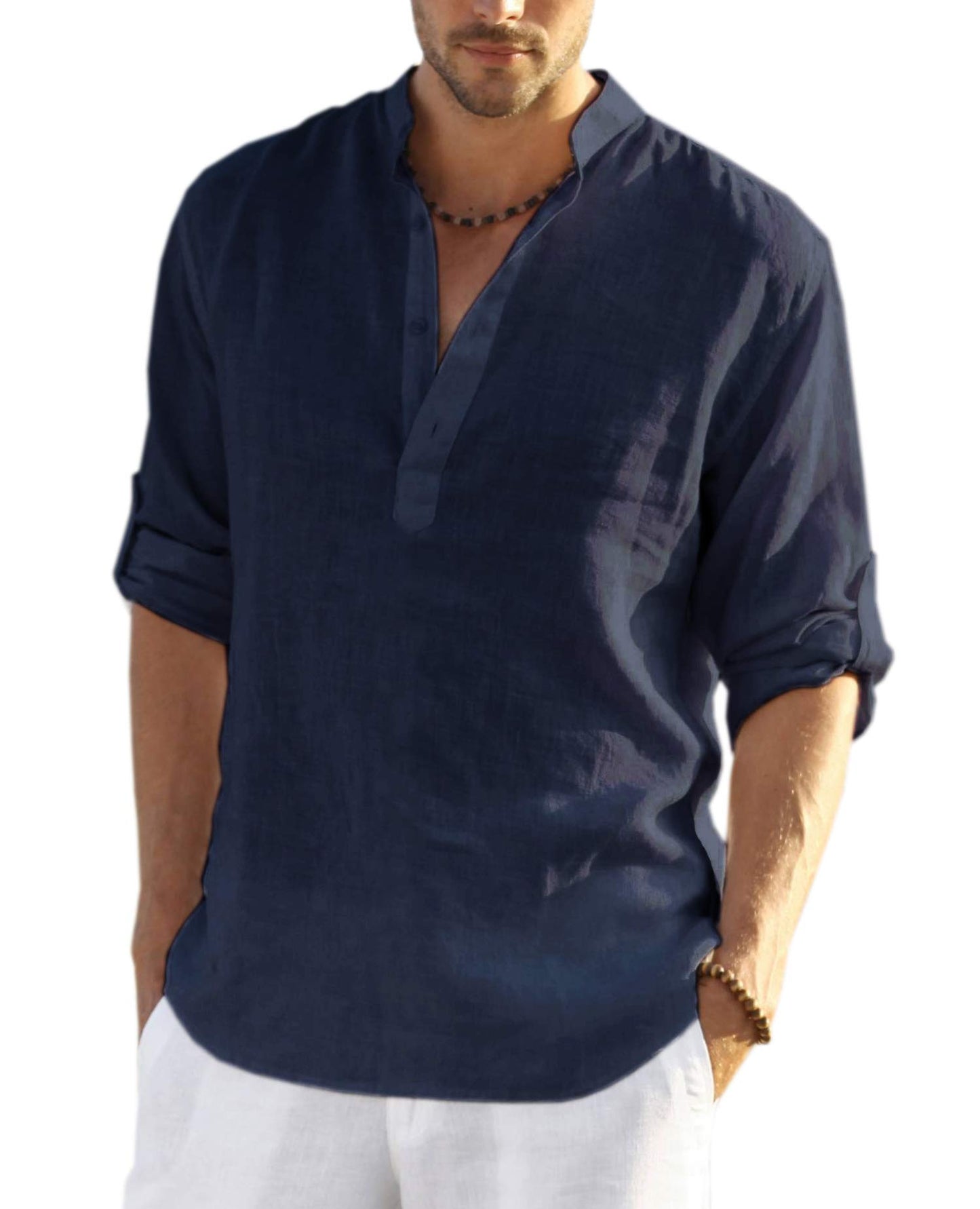 HOTCOOFANDY Men's Cotton Linen Henley T-Shirt Long Sleeve Hippie Casual Beach T-Shirts