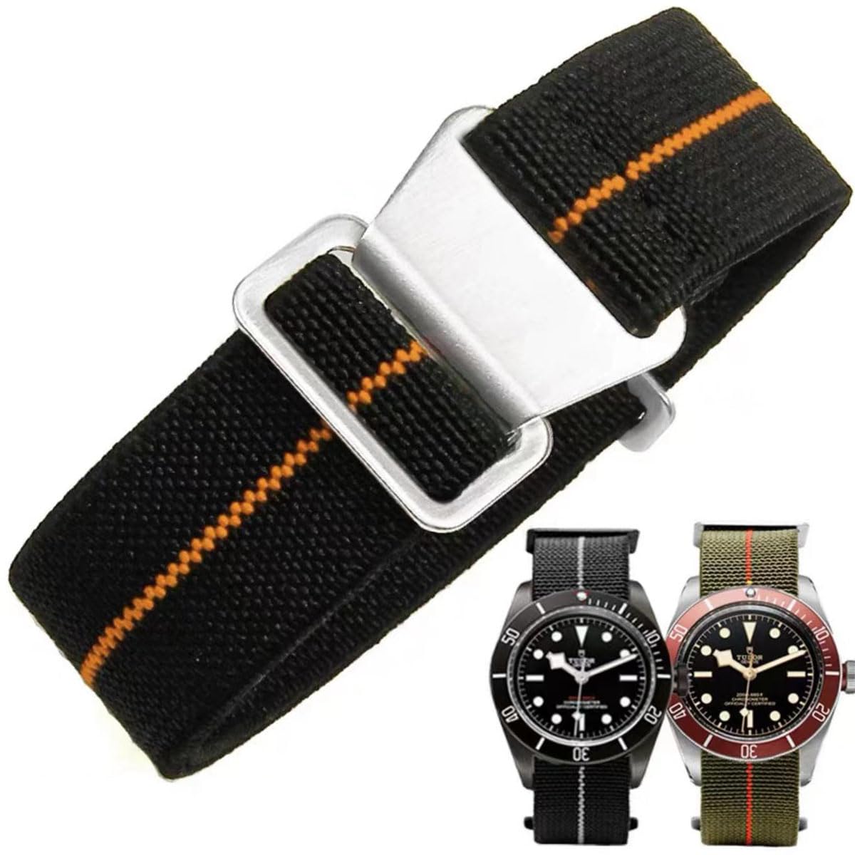 HOTFrench Troops Paratrooper Watchband,Military Elastic Nylon Watch Strap with Hook-and-Loop for Men Women Silver & Black Buckle 18/20/22mm