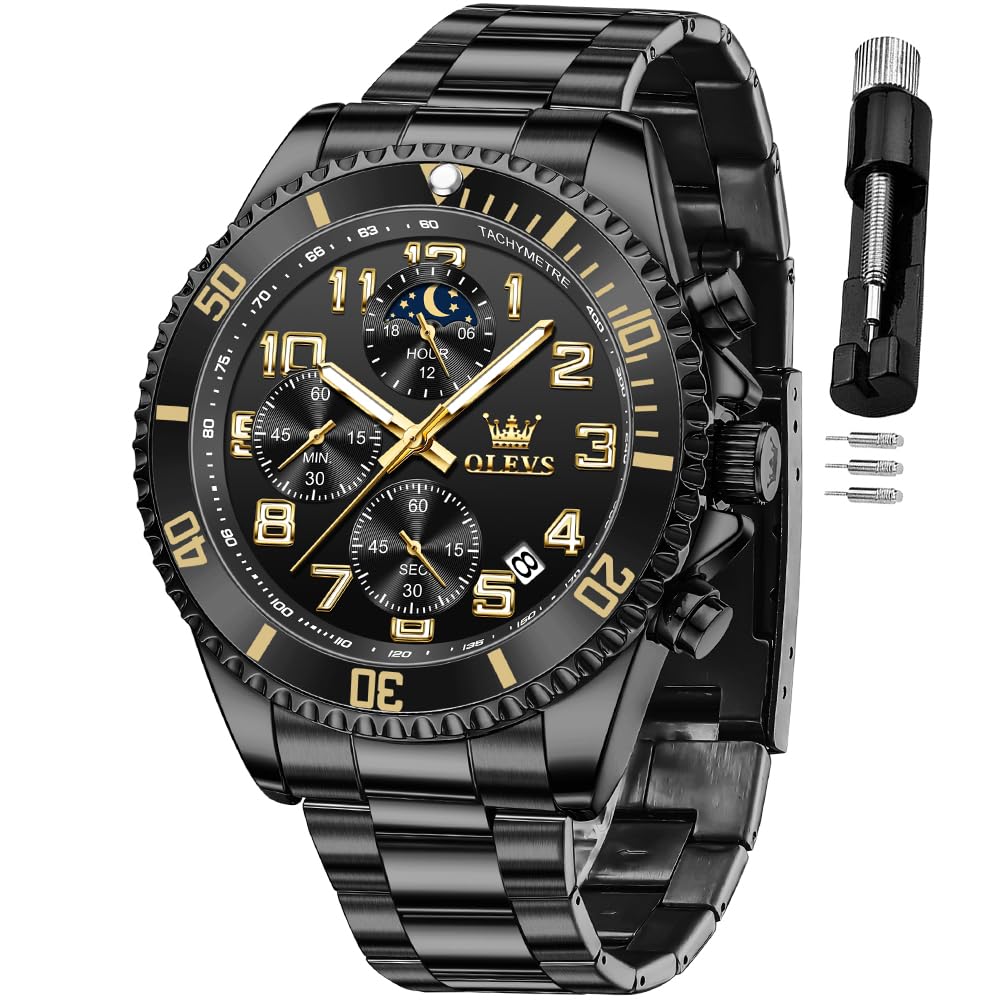 HOTOLEVS Mens Watches Chronograph Luxury Dress Moon Phase Two Tone Stainless Steel Waterproof Luminous Business Calendar Wrist Watch