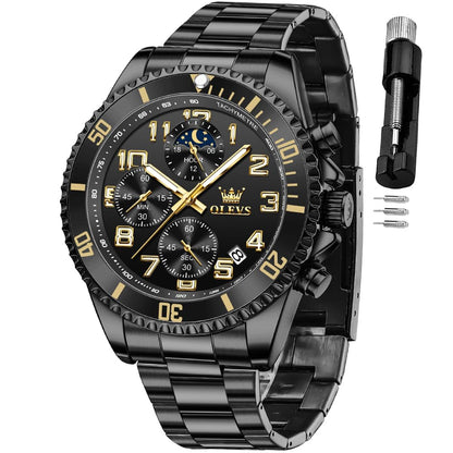 HOTOLEVS Mens Watches Chronograph Luxury Dress Moon Phase Two Tone Stainless Steel Waterproof Luminous Business Calendar Wrist Watch