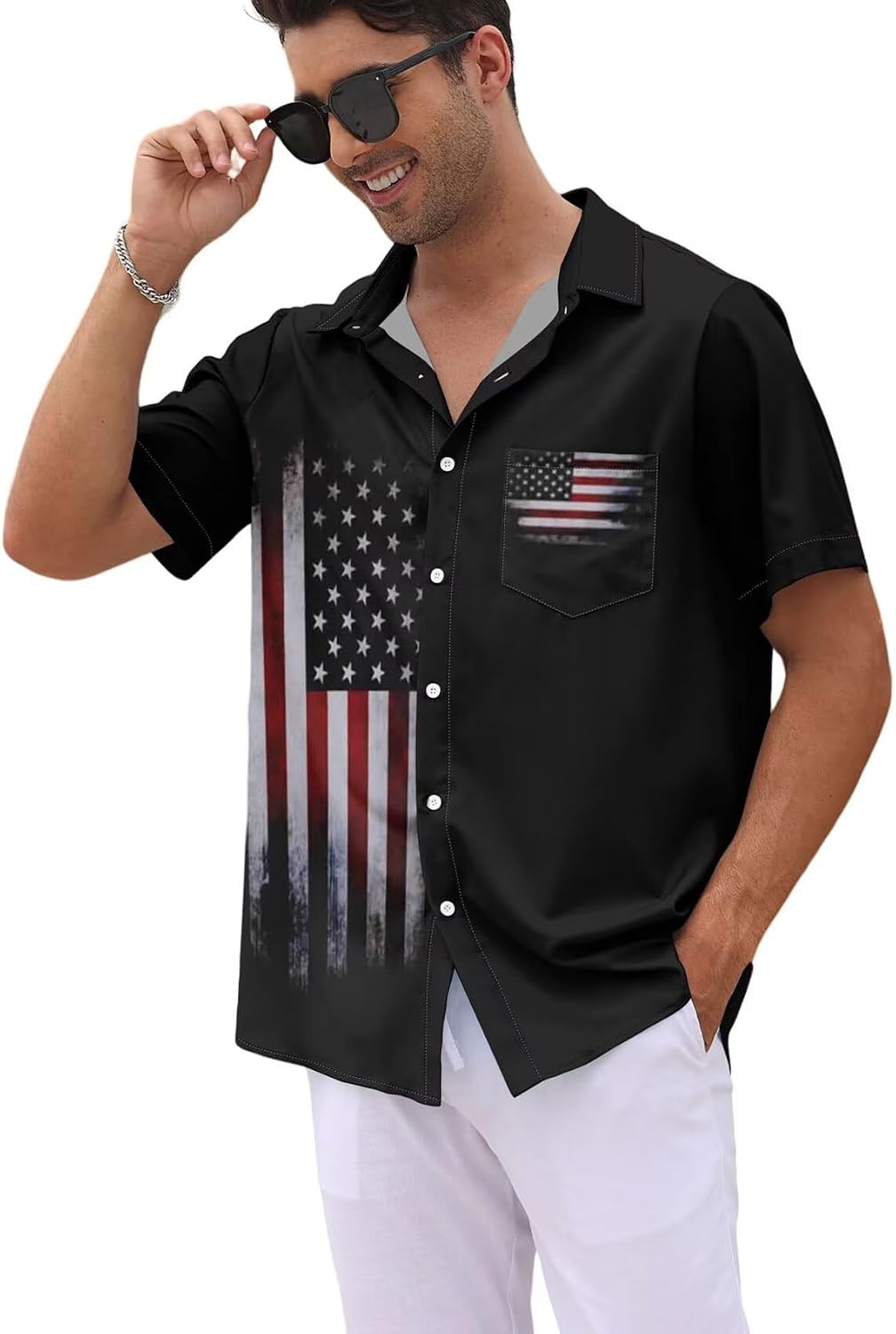 HOTWHO IN SHOP Men's 4th of July American Flag Patriotic Shirts Short Sleeve Button Up USA Memorial Day Shirts