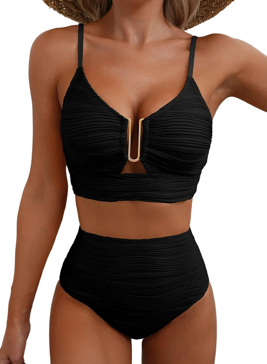 HOTHerseas 2 Piece Bikini Set U-Wire Cutout Popular Swimsuit High Waisted Textured 2026 Summer Beach Swim Bathing Suits