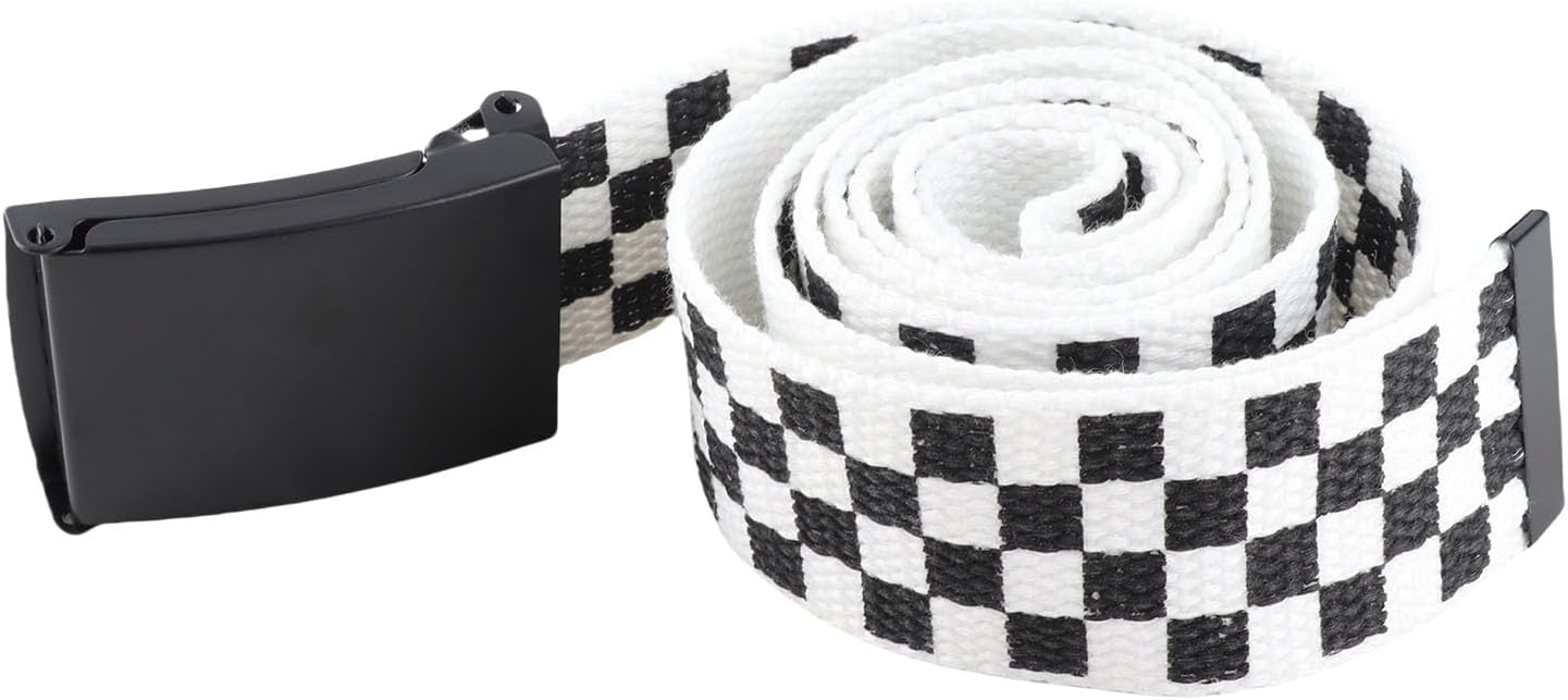 HOTClassic Checkered Canvas Belt, 43" Adjustable Length, Black and White Grid Strap with Military Style Metal Buckle, Cut to Size Punk Rock Flip Top Casual Belt for Daily Fashion Outfit Decoration