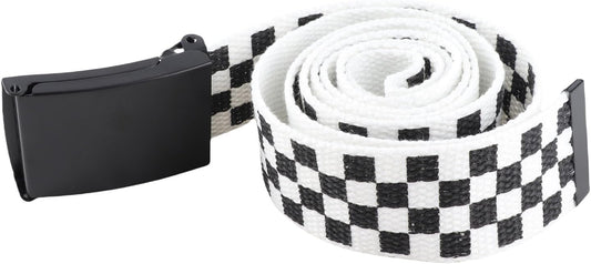 HOTClassic Checkered Canvas Belt, 43" Adjustable Length, Black and White Grid Strap with Military Style Metal Buckle, Cut to Size Punk Rock Flip Top Casual Belt for Daily Fashion Outfit Decoration