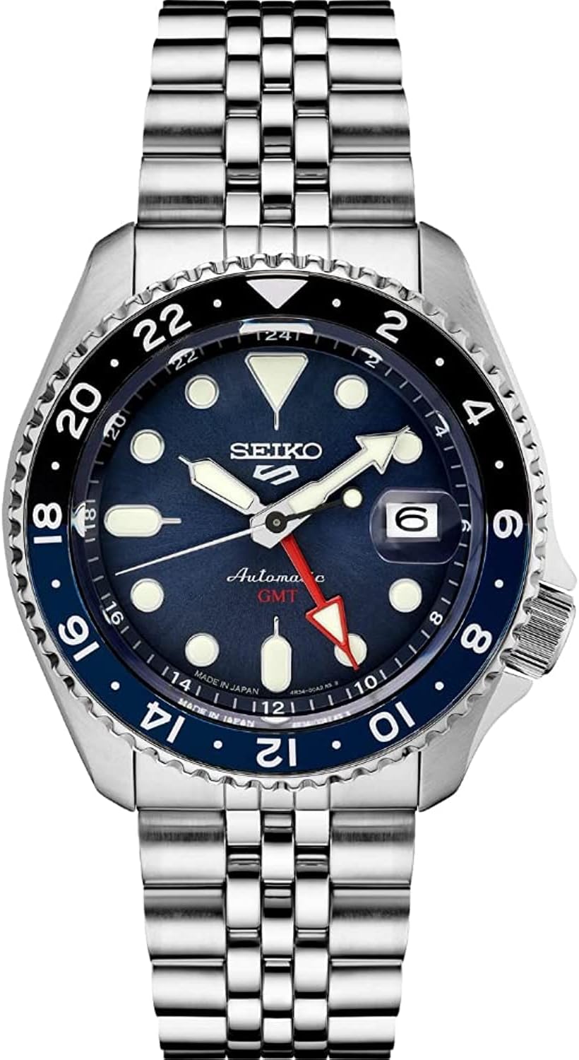 HOTSeiko SSK003 Automatic Watch for Men - 5 -Sports - Blue Dial with Date Calendar and Luminous Hands & Markers and Black & Blue GMT Bezel, 100m Water-Resistant