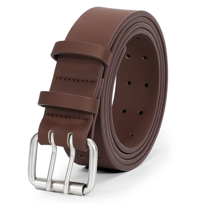 HOTJASGOOD Men Double Prong PU Leather Belt Casual Work Heavy Duty Belt Double Grommet Holes Belt for Jeans