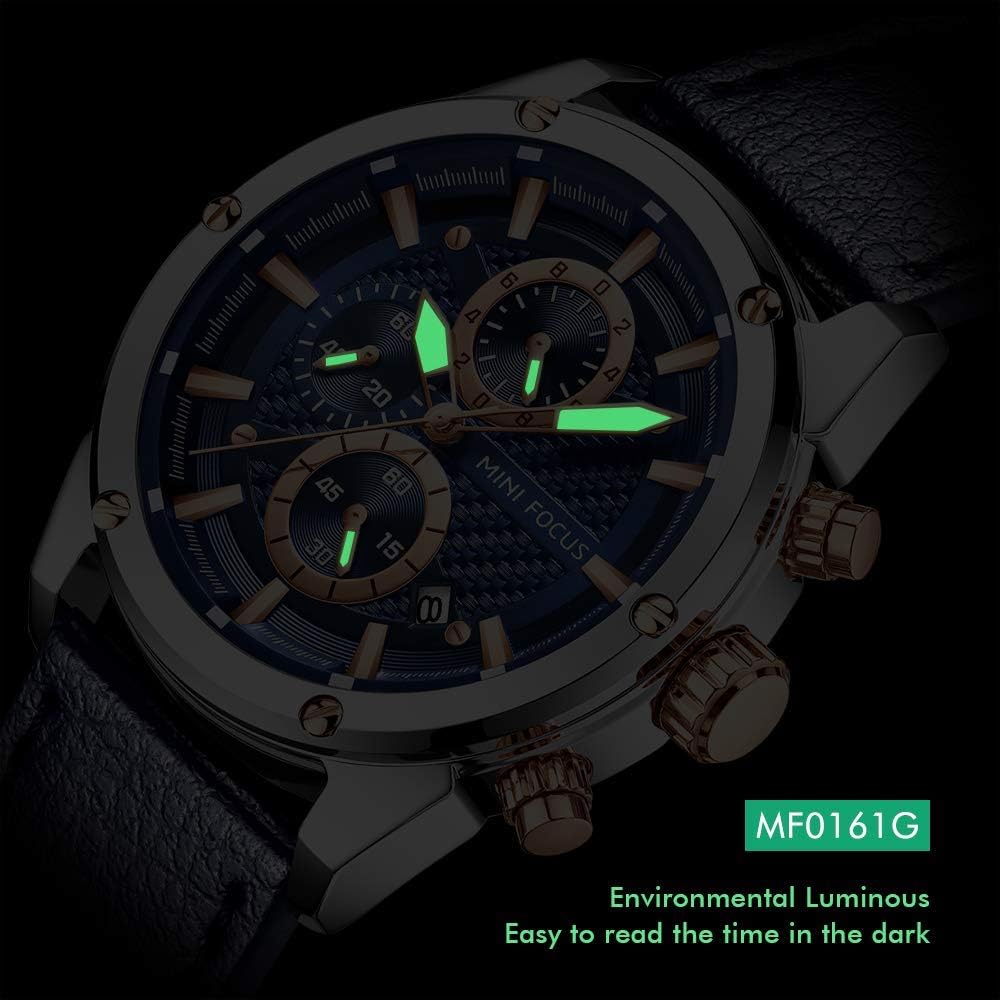 HOTMF MINI FOCUS Men Watches Business Casual Wrist Watches (Multifunction/Waterproof/Luminous/Calendar) Genuine Leather Band Fashion Watch for Men
