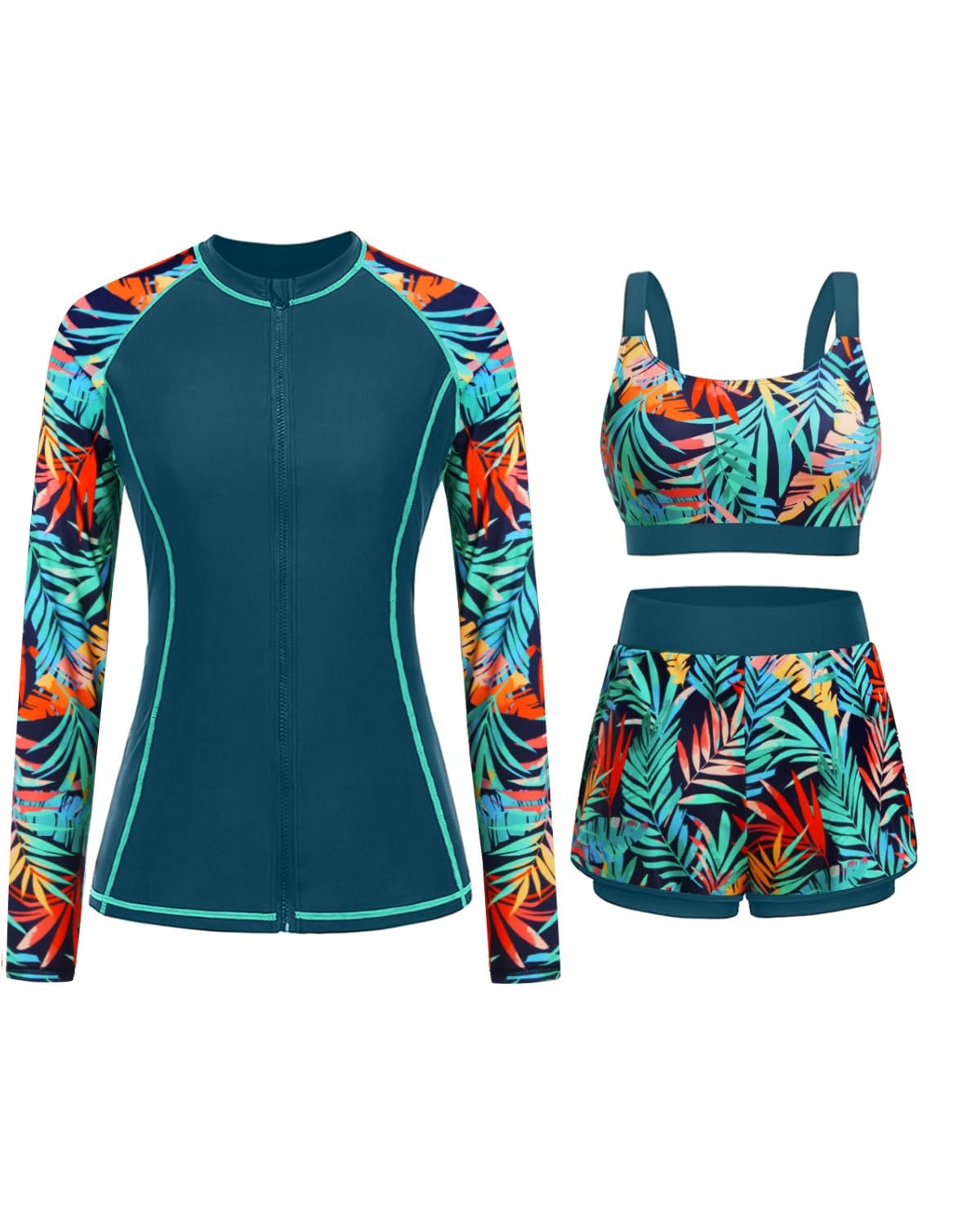 HOTDaci 3 Piece Rash Guard Set with 3'' Shorts | UPF 50+ Sun Protection, Long Sleeve Swim Shirt, High Rise, Built-in Bra, Removable Pads, for Beach, Pool, and Surfing