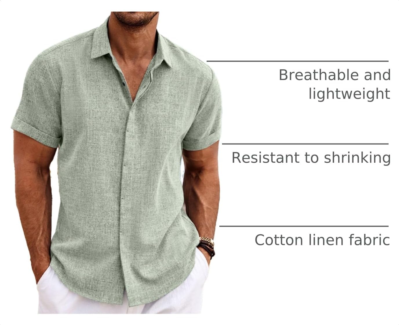 HOTCOOFANDY Men's Linen Shirts Short Sleeve Casual Shirts Button Down Shirt for Men Beach Summer Wedding Shirt