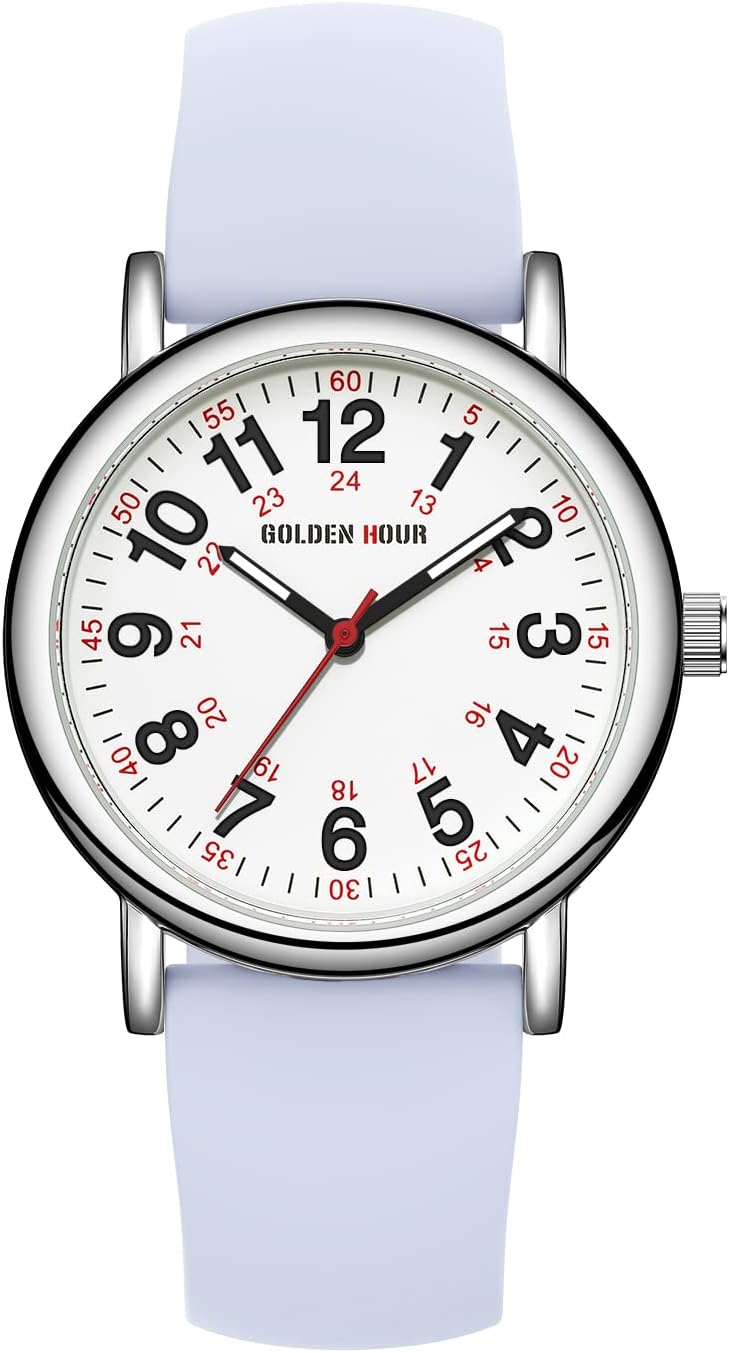 HOTGOLDEN HOUR Waterproof Nurse Watch for Medical Professionals, Students Women Men - Military Time Luminouse Easy Read Dial, 24 Hour with Second Hand, Colorful Silicone Band