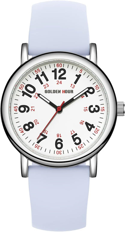 HOTGOLDEN HOUR Waterproof Nurse Watch for Medical Professionals, Students Women Men - Military Time Luminouse Easy Read Dial, 24 Hour with Second Hand, Colorful Silicone Band