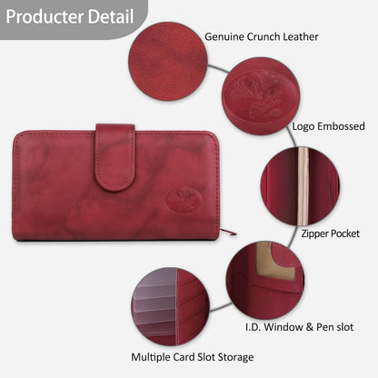 HOTJulia Buxton Heiress Women's RFID Blocking Checkbook Leather Wallet with Zipper, Multiple Card Slots & ID Window, Gift Idea, Red