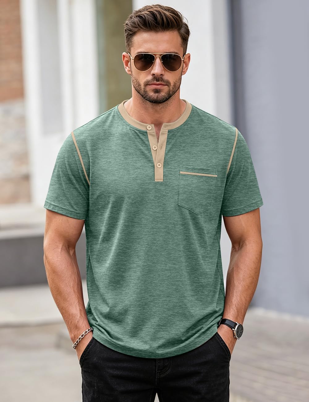 HOTMen's Henley Shirt Casual Button Short Sleeve T-Shirt Summer Patchwork Color Block Tee Shirts