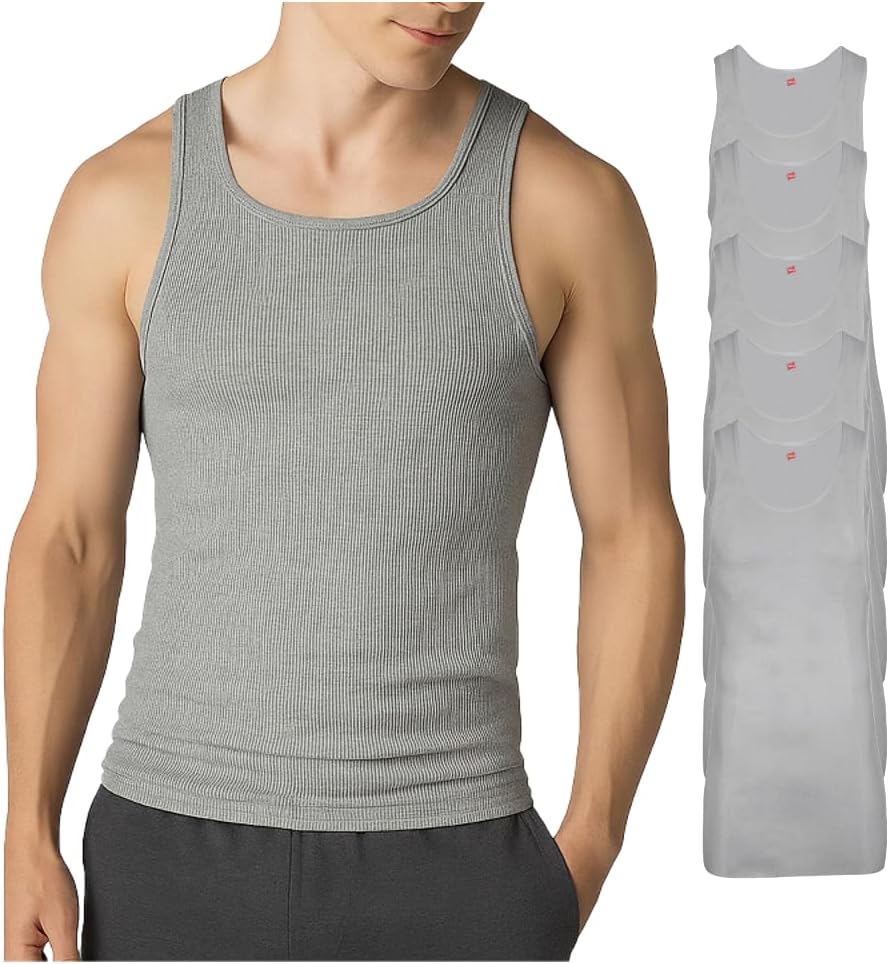 HOTHanes Men’s Tall 100% Cotton Ribbed Tank Tagless Undershirts, Multipack
