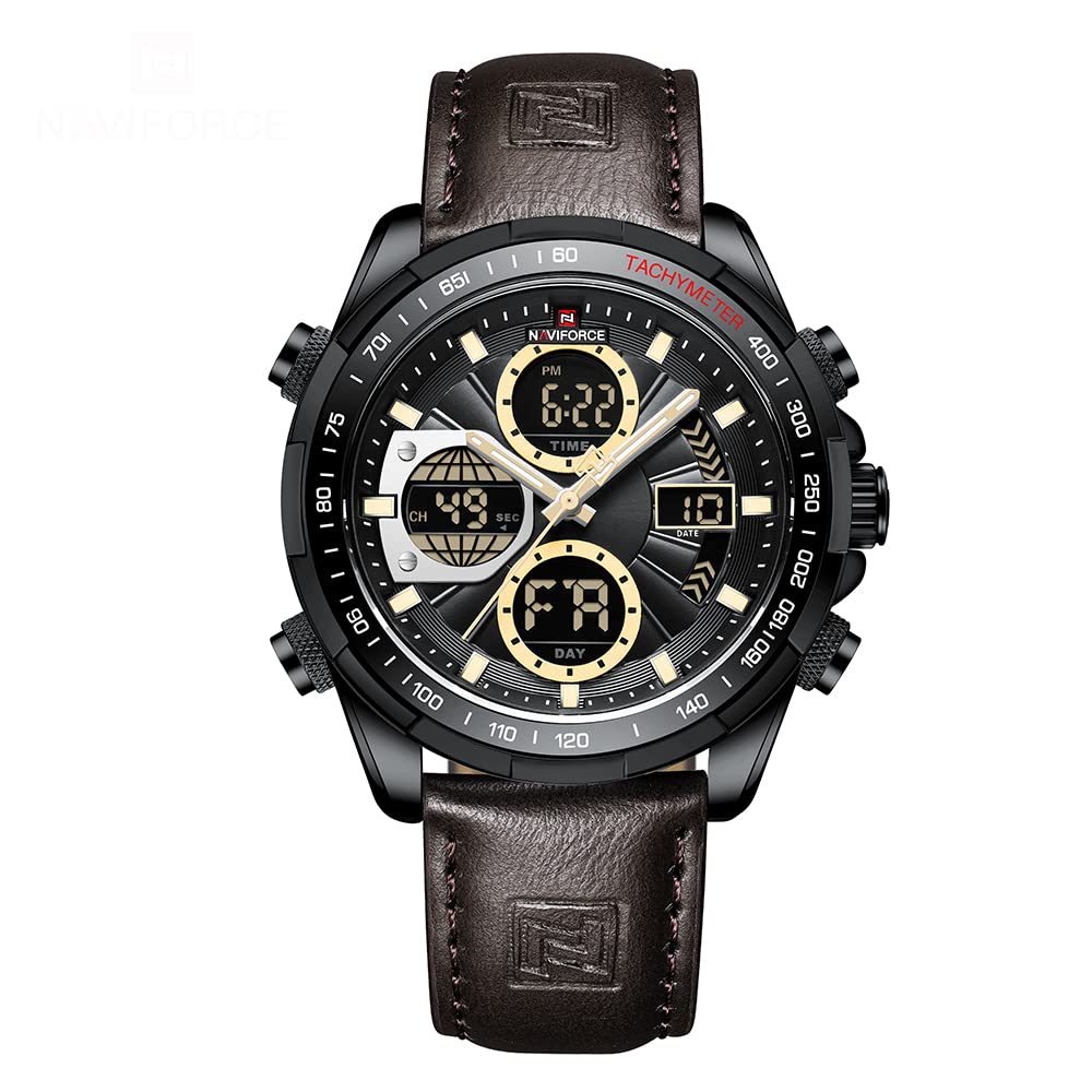 HOTNAVIFORCE Men's Military Digital Watches Analog Quartz Waterproof Watch Sport Multifunctional Leather Wristwatch