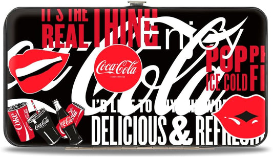 HOTBuckle-Down Coca-Cola Hinged Clasp Wallet | Coca Cola Its The Real Thing Collage Black Red White Credit Card Slots Vegan Leather