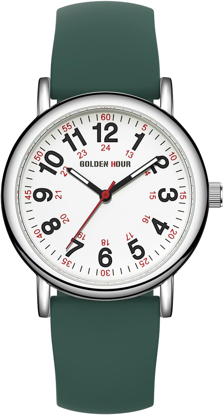 HOTGOLDEN HOUR Waterproof Nurse Watch for Medical Professionals, Students Women Men - Military Time Luminouse Easy Read Dial, 24 Hour with Second Hand, Colorful Silicone Band
