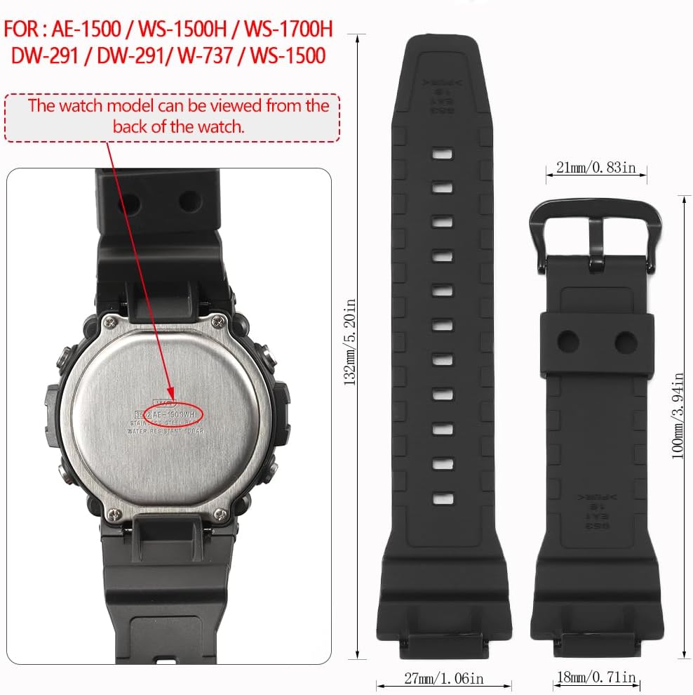 HOTAE1500WH Replacement Strap Compatible with Casio AE1500 WS1500H WS-1700H DW-291 Resin Watch Band Bracelet