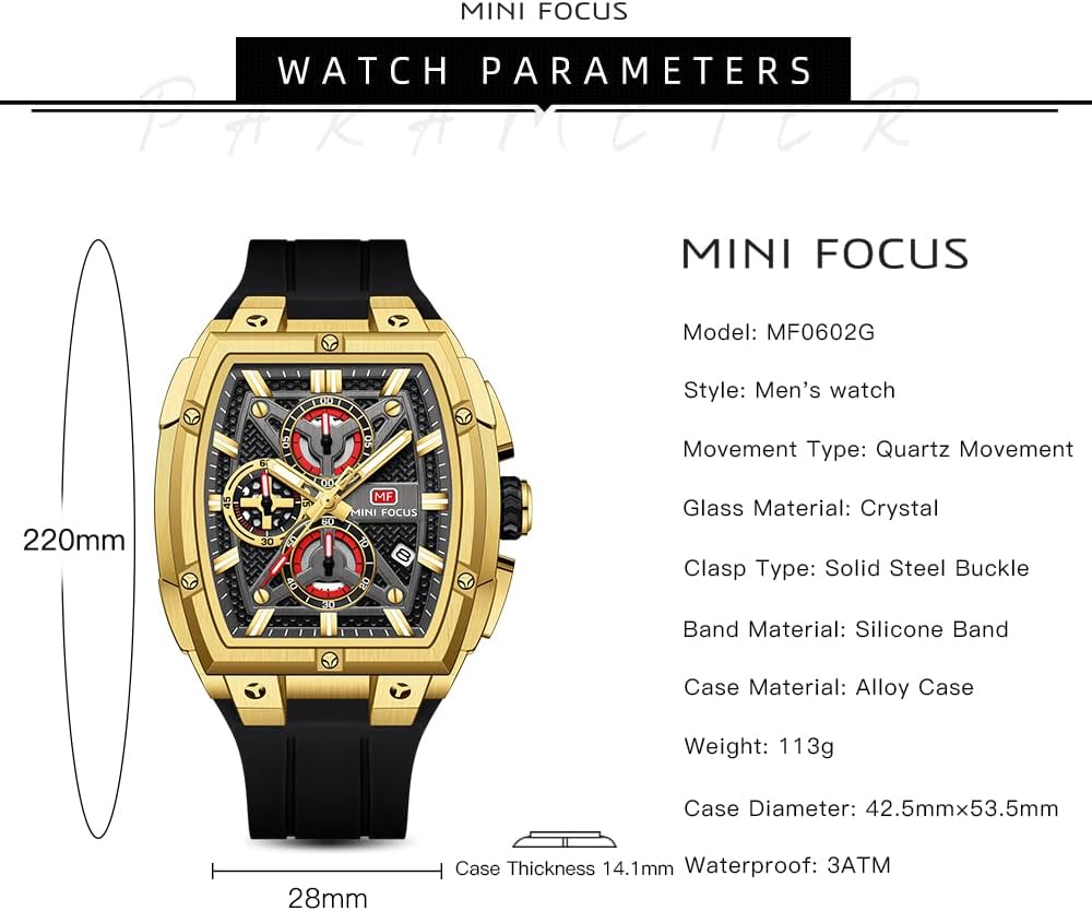 HOTMF MINI FOCUS Men's Watches Analog Fashion Wrist Watch, Skeleton Tonneau Watches for Men with Chronograph,Ideal for Sports Enthusiasts and Daily Wear