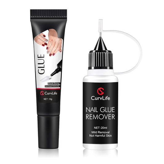 HOTCurvlife 10g Semi-Solid Glue and 20ml Pinpoint Glue Remover Kit - Gel for Press on Nails, Quick Dry No UV Lamp Needed with Gentle Non-Acetone Remover, Fake Nail Tips