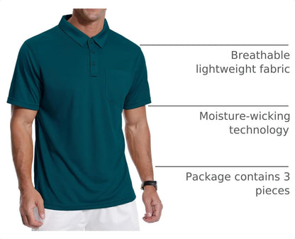 HOTZITY Men's 3 Pack Polo Shirts Short Sleeve with Pocket Moisture Wicking Casual Work Golf Lightweight Collared T-Shirts