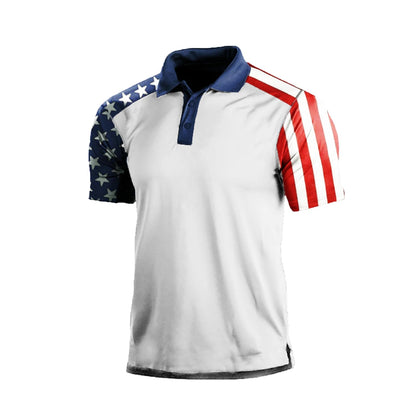 HOTMen's Polo Shirt Short Sleeve Quick Dry American Flag Print Graphic Split Color Golf Shirt for Sport