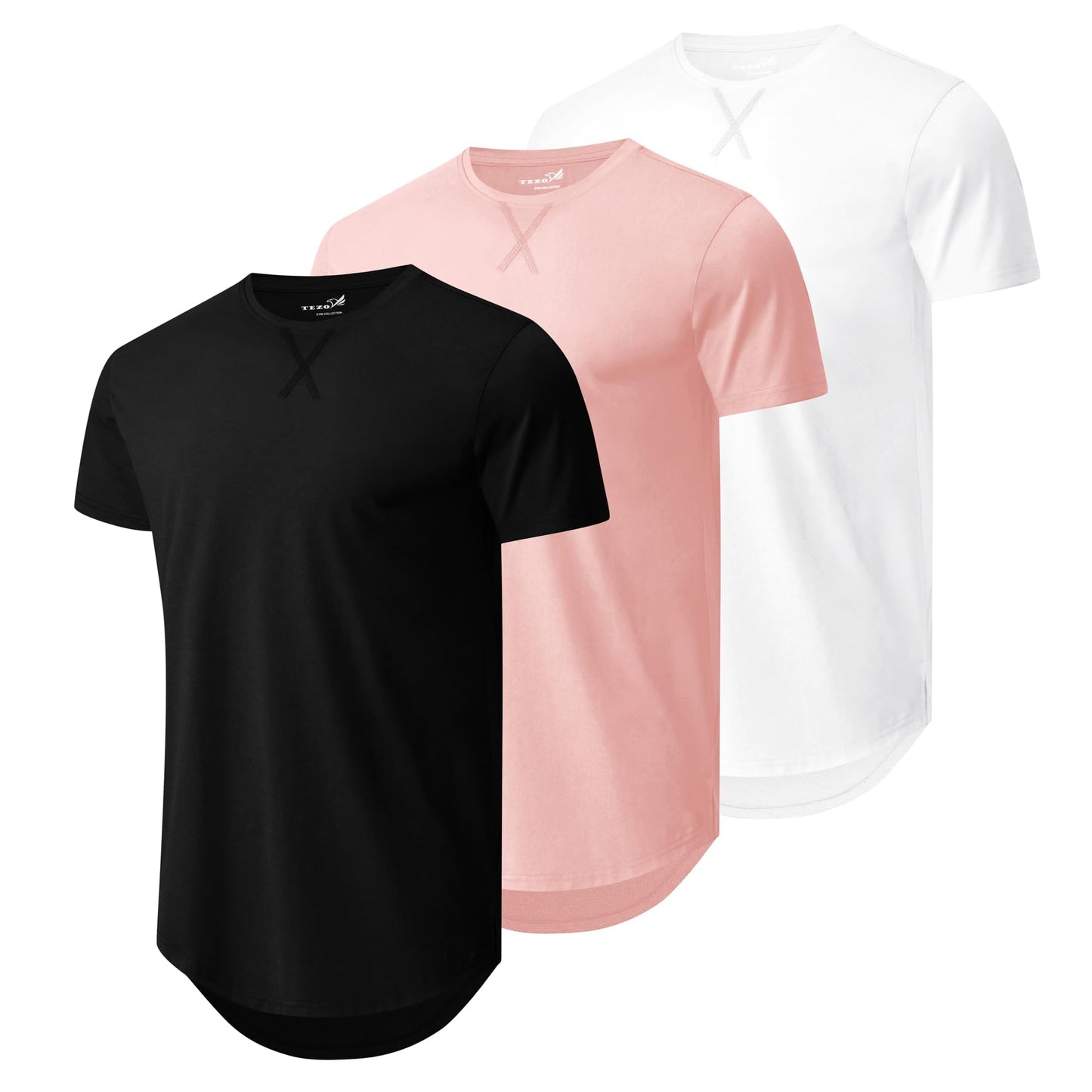 HOTMens 3 Pack Plain Cotton Shirts Short Sleeve Casual Crew Neck T-Shirts Hipster Hip Hop Longline Tees Drop Cut Curved Hem