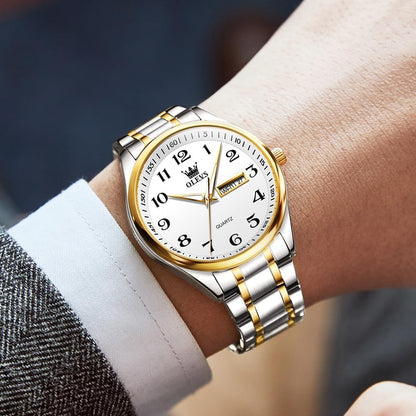 HOTOLEVS Men's Casual Stainless Steel Watch, Big Face Easy to Read Analog Quartz Watch with Day and Date, Classic Waterproof Diamond Roman Arabic Numeral Dial Dress Watch for Men, Gold Silver Black Band