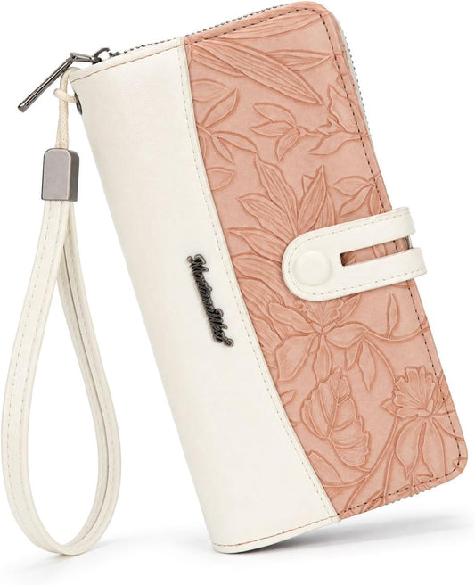 HOTWallet for Women Large Wristlet Wallet RFID Blocking Western Wallets Pink | With 13 Card Slots, 1 Clear ID Window, 3 Bill Compartments and 1 Large Zipper Pocket, Phone Cash Wallet