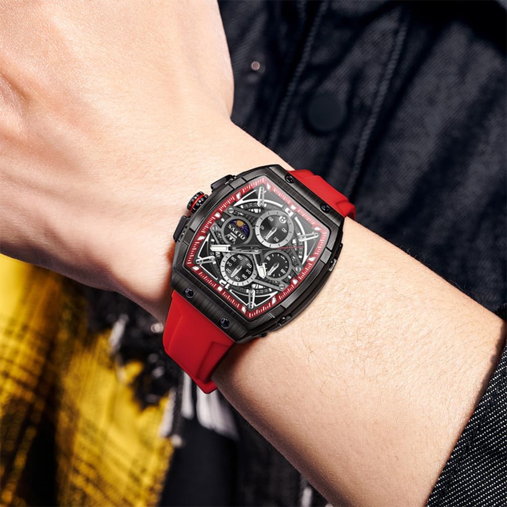 HOTOLEVS Men Watches Business Dress Chronograph Big Square Quartz Analog Male Watch Silicone Strap Waterproof Date Gift Mens Wrsit Watch Silver