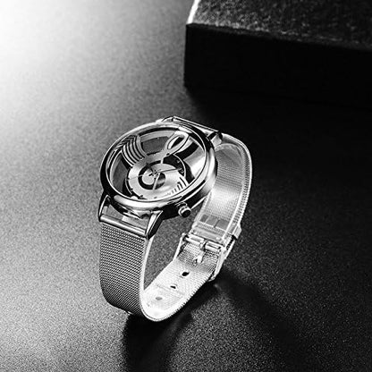 HOTUdaney Unique Watch Musical Note Hollow Stainless Steel Mesh Strap Quartz Unisex Fashion Wrist Watch