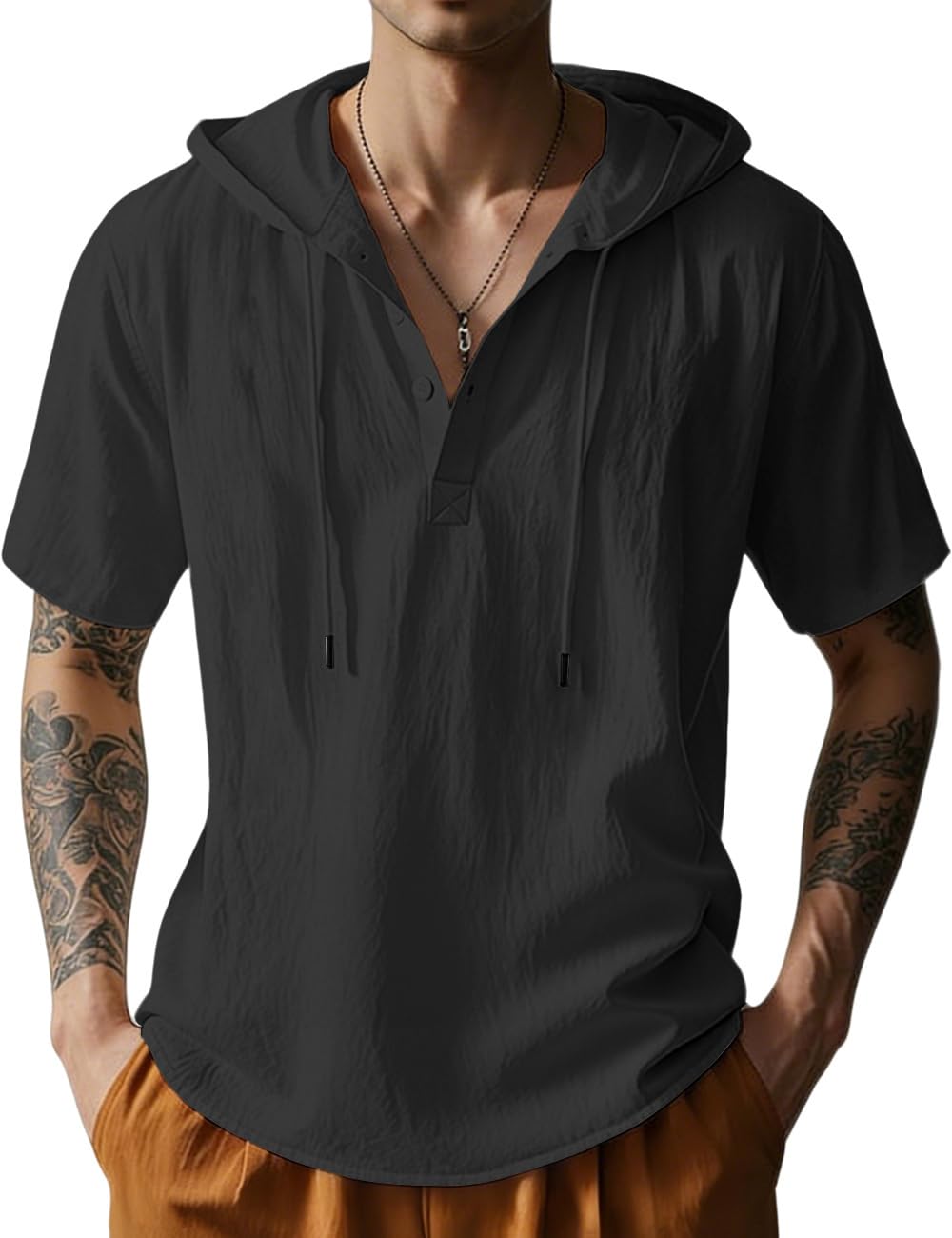 HOTMen's Cotton Linen Shirts Short Sleeve Casual Button Down Hoodies Summer Hawaiian Beach Top with Drawstring