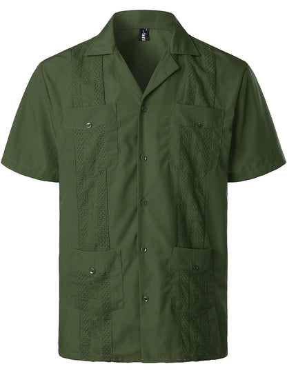 HOTVATPAVE Mens Short Sleeve Button Down Cuban Guayabera Shirts | Camp Collar, Button Up, Wedding, Breathable, Casual Stylish, Summer, Hawaiian, Vacation, Embroidered, Holiday, with Pocket
