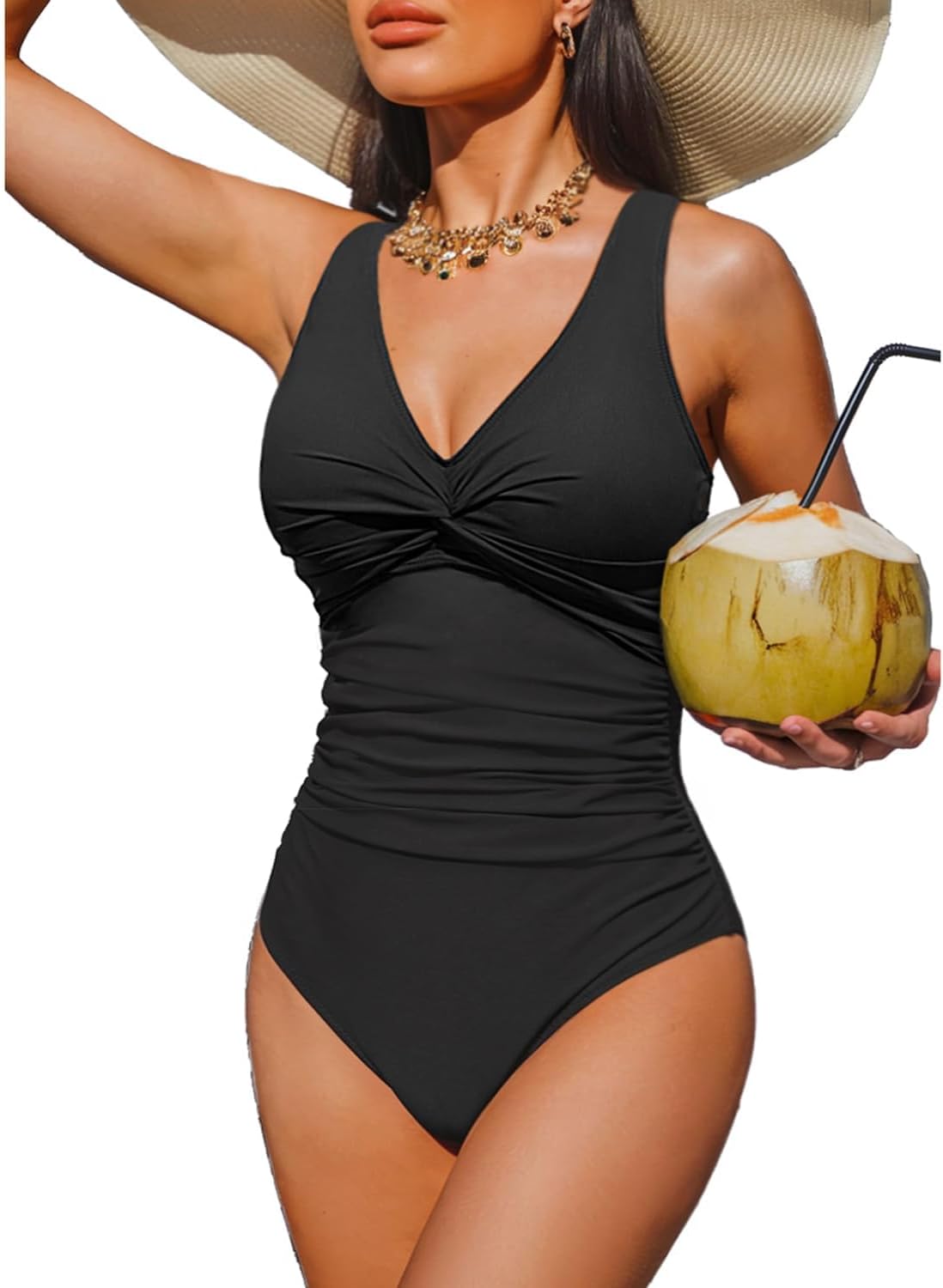 HOTWomen's Tummy Control One Piece Swimsuit Push Up Full Coverage Bathing Suit | V-Neck Twist Front, Low-Back Design, Adjustable Straps, Removable Pads, Full Coverage, Long-Torso Fit, Beach and Pool Days