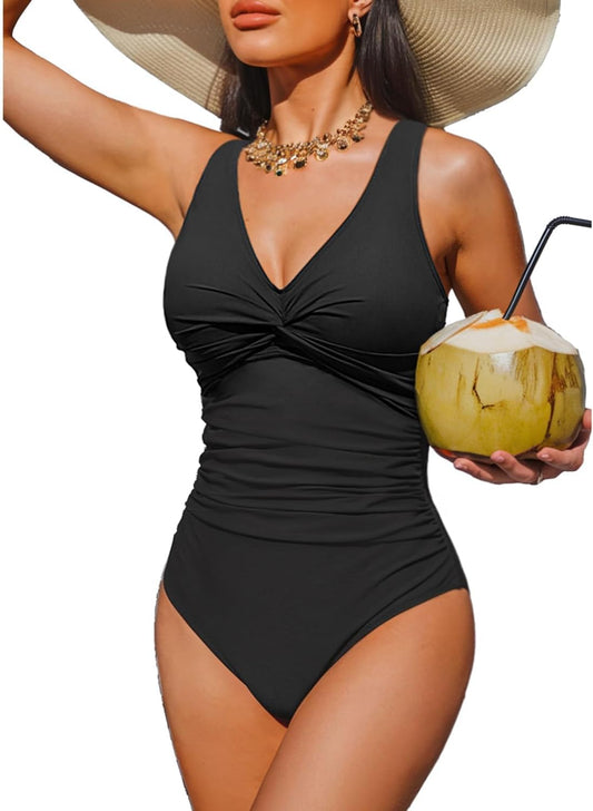 HOTWomen's Tummy Control One Piece Swimsuit Push Up Full Coverage Bathing Suit | V-Neck Twist Front, Low-Back Design, Adjustable Straps, Removable Pads, Full Coverage, Long-Torso Fit, Beach and Pool Days