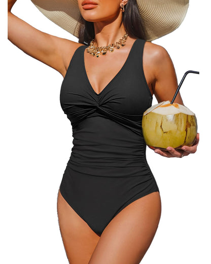 HOTWomen's Tummy Control One Piece Swimsuit Push Up Full Coverage Bathing Suit | V-Neck Twist Front, Low-Back Design, Adjustable Straps, Removable Pads, Full Coverage, Long-Torso Fit, Beach and Pool Days