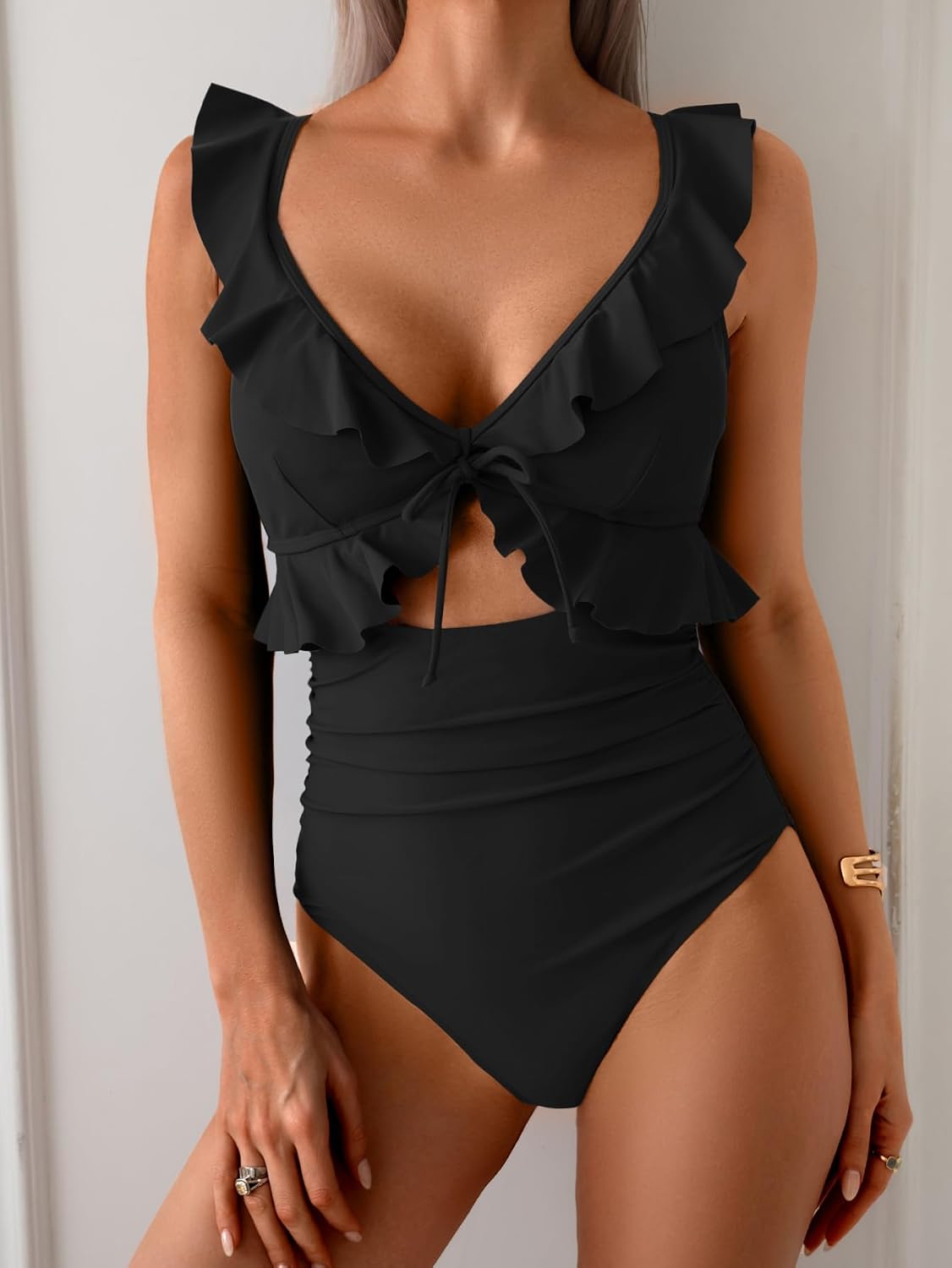 HOTEomenie One Piece Swimsuit for Women Tummy Control Ruffle Bathing Suit | V Neck Ruched Swim Suit, Slimming Cutout Swimwear, Tie Back