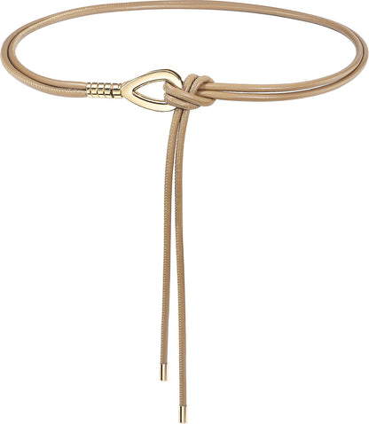 HOTWomen Knotted Skinny PU Leather Waist Belt Gold Buckle for Dresses