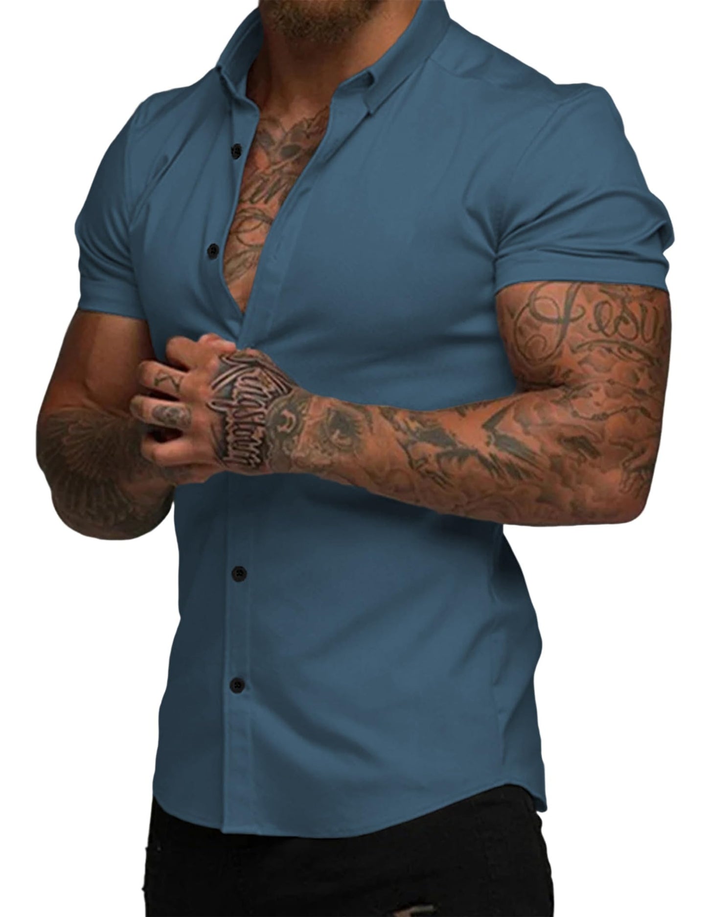 HOTJMIERR Men's Muscle Fit High Stretch Wrinkle-Free Button Down Dress Shirts Summer Casual Short Sleeve Shirt