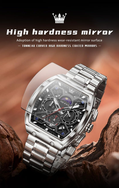 HOTOLEVS Men Watches Business Dress Chronograph Big Square Quartz Analog Male Watch Silicone Strap Waterproof Date Gift Mens Wrsit Watch Silver