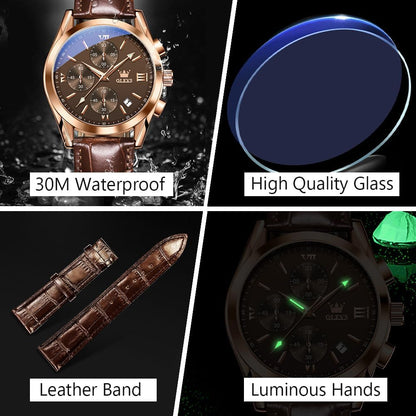 HOTOLEVS Men's Casual Leather Watch, Big Face Chronograph Watch for Men, Fashion Easy to Read Dress Watch, Men's Waterproof Luminous Date Analog Watch, Gold/Black/White/Blue Dial