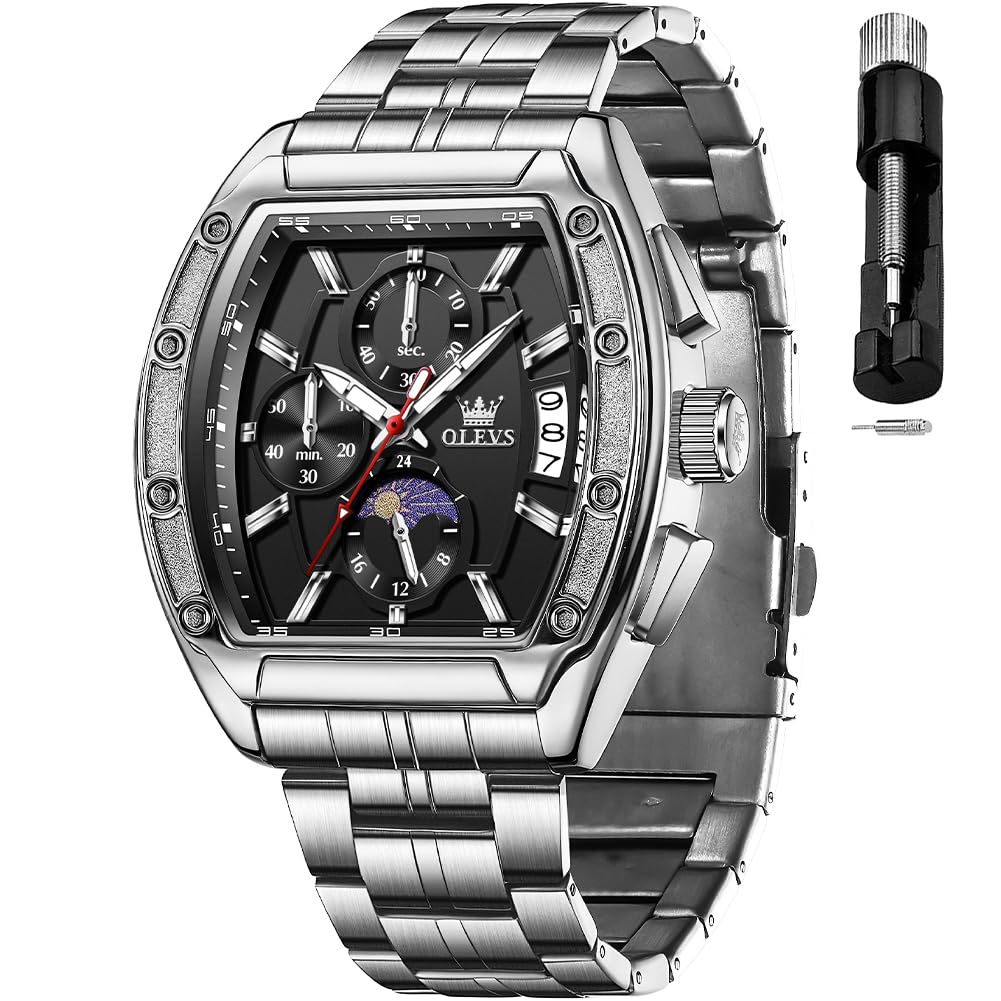 HOTOLEVS Mens Watches Analog Quartz Chronograph Square Dress Watch for Man Stainless Steel or Leather Band Waterproof Luminous Date Male Watch